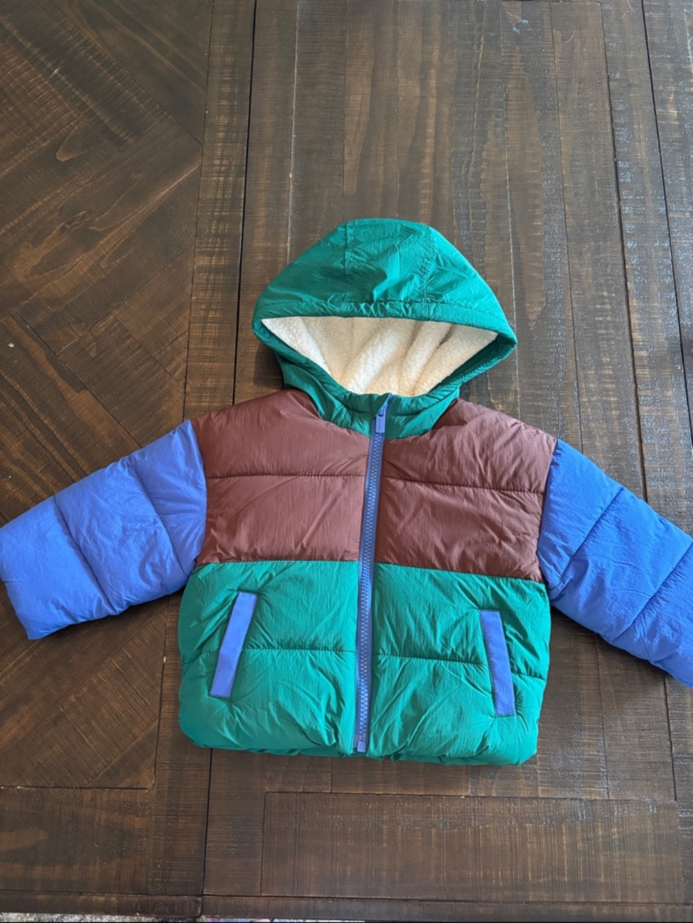 Old Navy Green Teal Brown Blue Colorblock Puffer Jacket